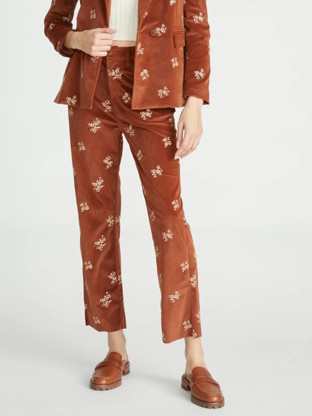 Driftwood Velour Rust With Cream Embroidered Floral Print Pants
